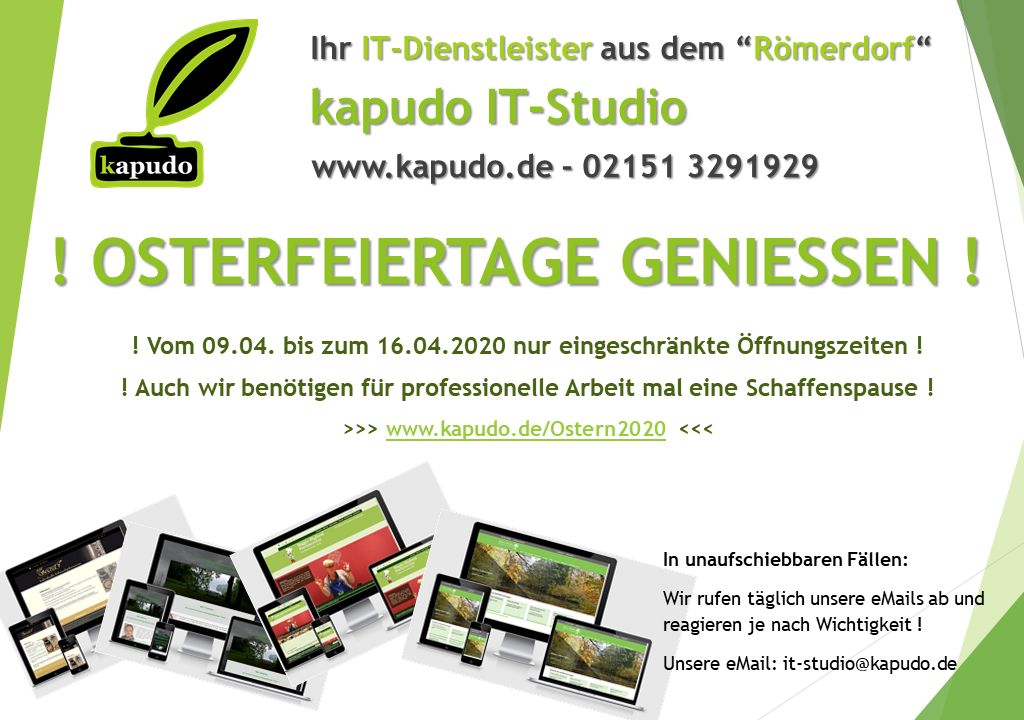 09.04.2020: Osterferien für kapudo IT - Ostergrüße & Wünsche für Sie 09.04.2020: Osterferien für kapudo IT - Ostergrüße & Wünsche für Sie